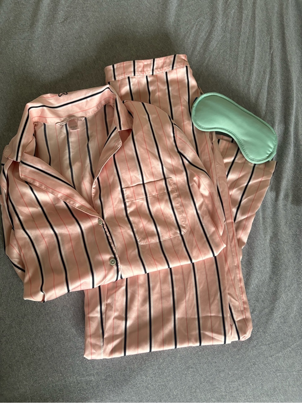Victoria's Secret Pink and Black Striped Satin Pajama Set. *eye mask is a prop*